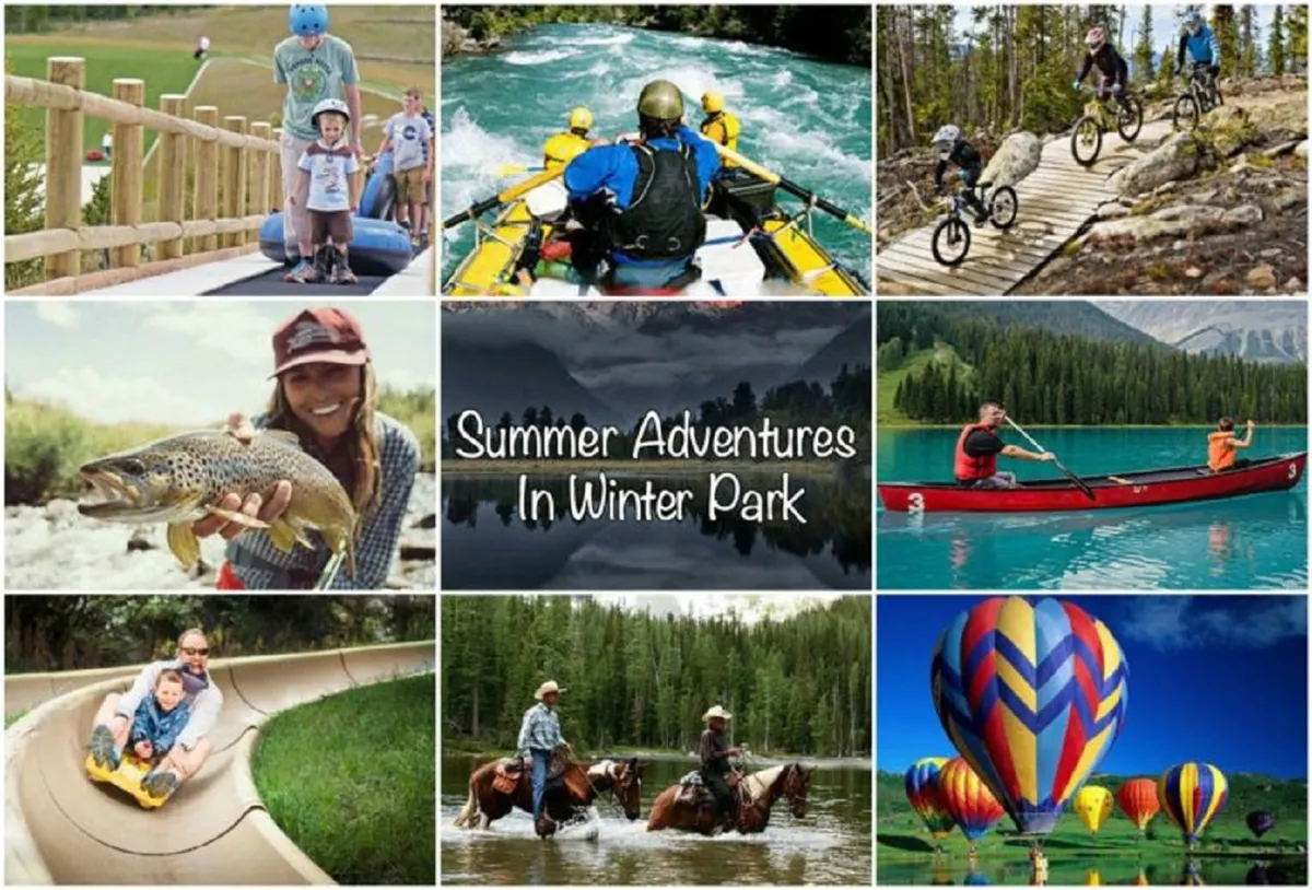 A vibrant outdoor scene featuring families engaging in a variety of adventurous activities. Hot air balloons fill the sky, people kayak and raft in the water, kids play on slides, and mountain bikers ride nearby trails—all set against a stunning mountain landscape.