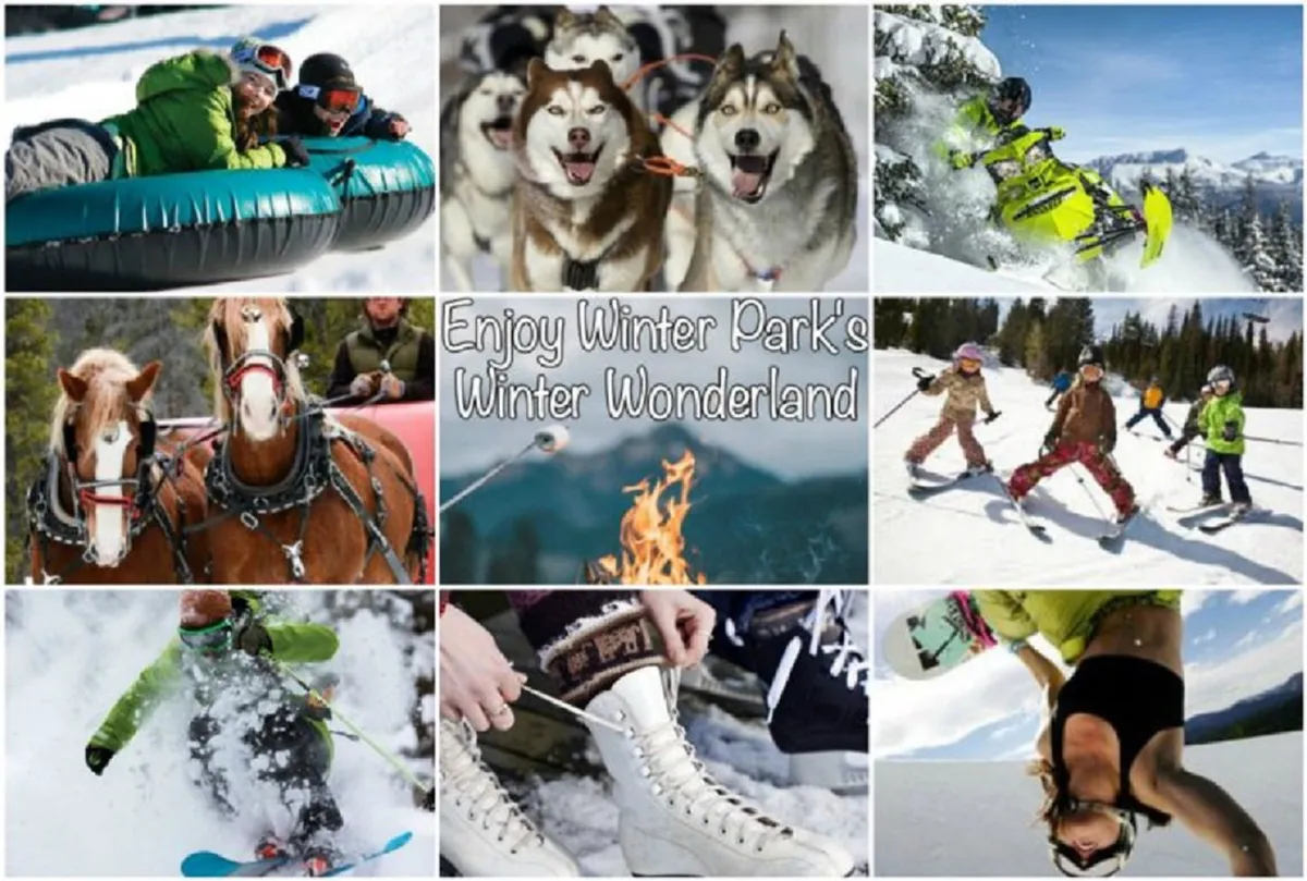 A lively winter scene featuring guests tubing on snow, Siberian huskies for dog sledding, snowmobiling, a horse-drawn sleigh, a roaring fire pit, and people skiing, snowboarding, and ice skating. The snowy landscape and variety of activities capture both adventure and relaxation.