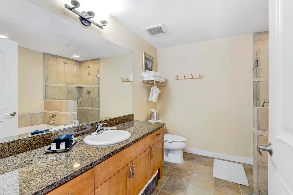 A spa-inspired bathroom featuring a granite countertop, a large mirror, and a glass shower enclosure. The scene is well-lit and exudes a fresh, serene ambiance, evoking the sensation of a luxurious self-care retreat after an active day.