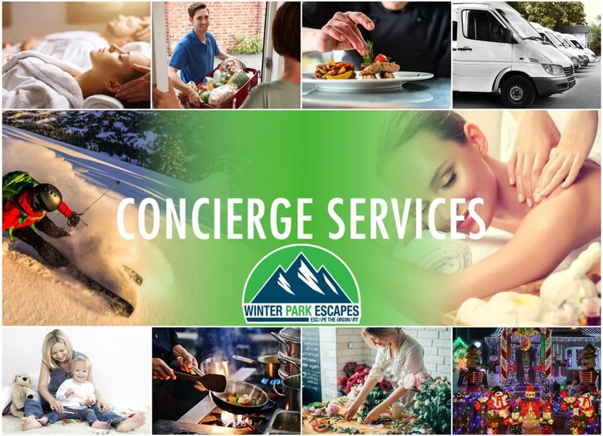 A collage-like interior scene featuring spa treatments, concierge services, family activities such as skiing and cooking, and festive holiday decorations. The image conveys a sense of family bonding, relaxation, and resort amenities.